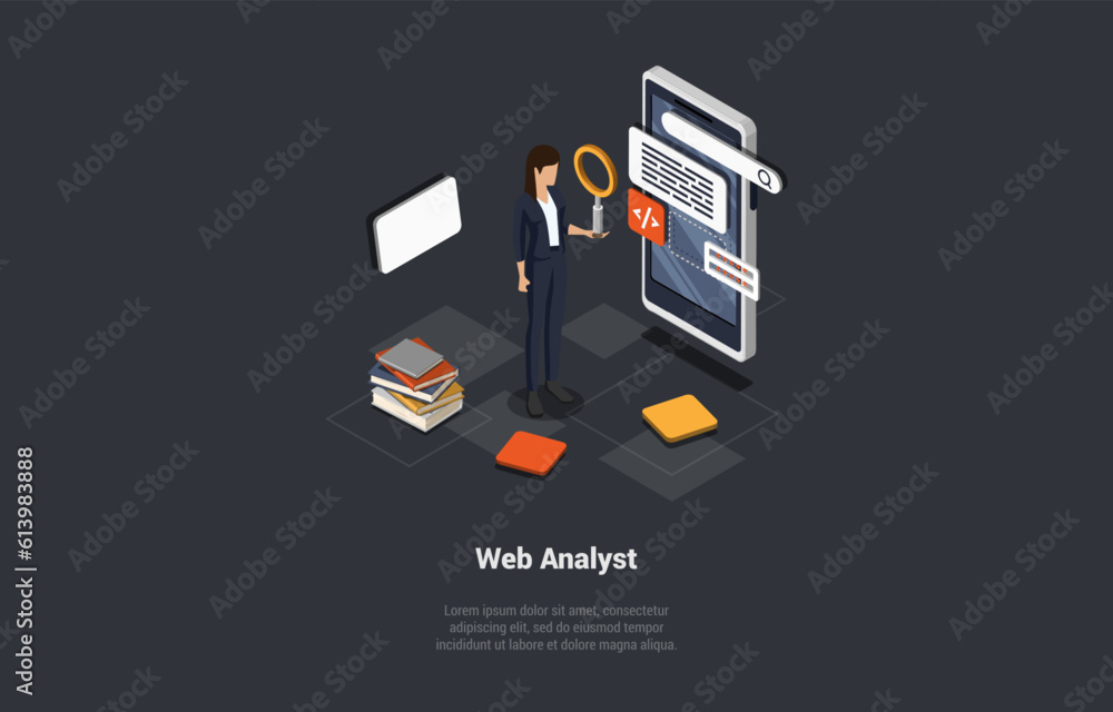 Poster concept of testing, data analysis and debugging. web analyst woman marketer analyzing data and diagr