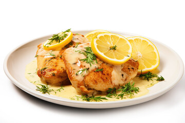 Delicious Plate of Lemon Chicken Isolated on a White Background