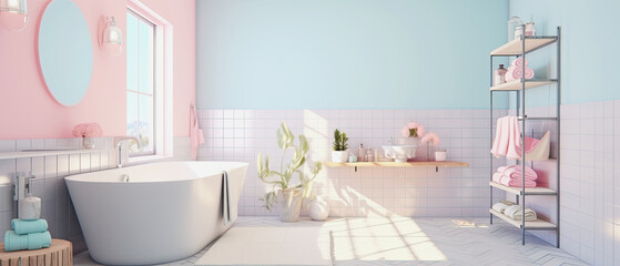 bright pastel colored bathroom, generative midjourney ai illustration