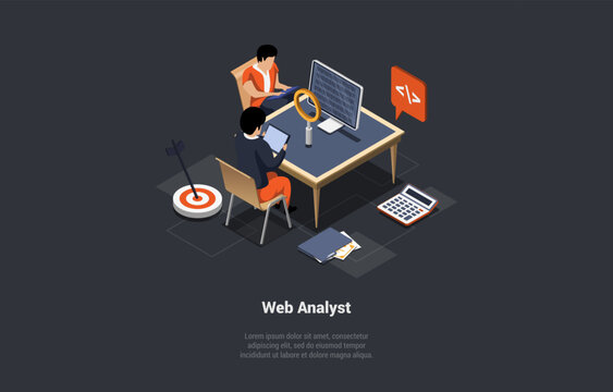 Concept Of Testing, Data Analysis And Debugging. Web Analyst Character Marketer Analyzing Data And Diagram On Computer, Analytic Business And Reporting Data. Isometric 3d Cartoon Vector Illustration