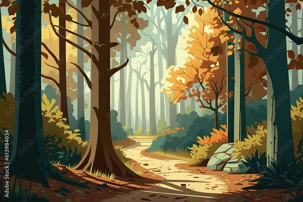 Poster serene forest path leading through the trees. generative ai