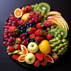 Fototapeta na wymiar fruit plate with grapes, strawberries, apples, blackberries, pineapple
