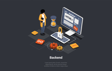 Front, Back End Of Development, Responsive Web Design, Website Interface, Coding and Programming. Character Develop New Startup Project Using HTML Language. Isometric 3d Cartoon Vector Illustration