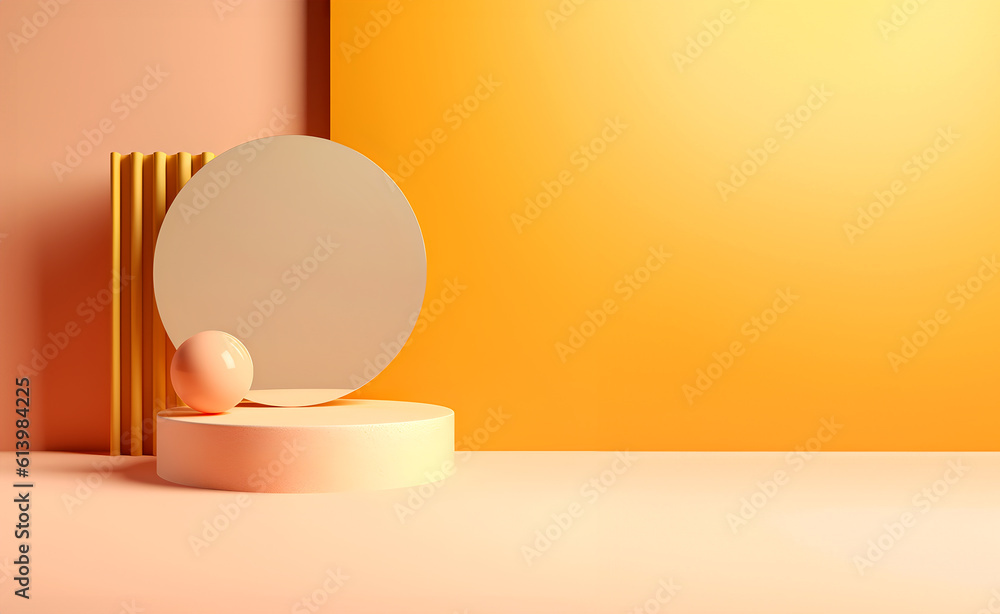 Poster abstract minimal concept. sunshine yellow background with podium stage, abstract geometric landscape
