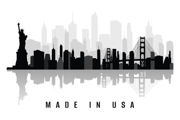 MADE IN USA Black Skyline with landmarks Silhouette, and reflection vector illustration.  © MstSirajumMonira
