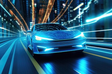 A sleek car gliding on the road, its blue lights casting a cool and futuristic glow