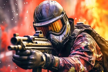 Close-up shot of a male paintball player pointing his paintball gun at the camera. Generative AI