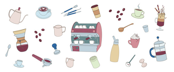 set equipment tools for barista and making coffee