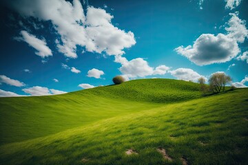 Obraz premium Green grass on little hills with a cloudy blue sky. Generative AI
