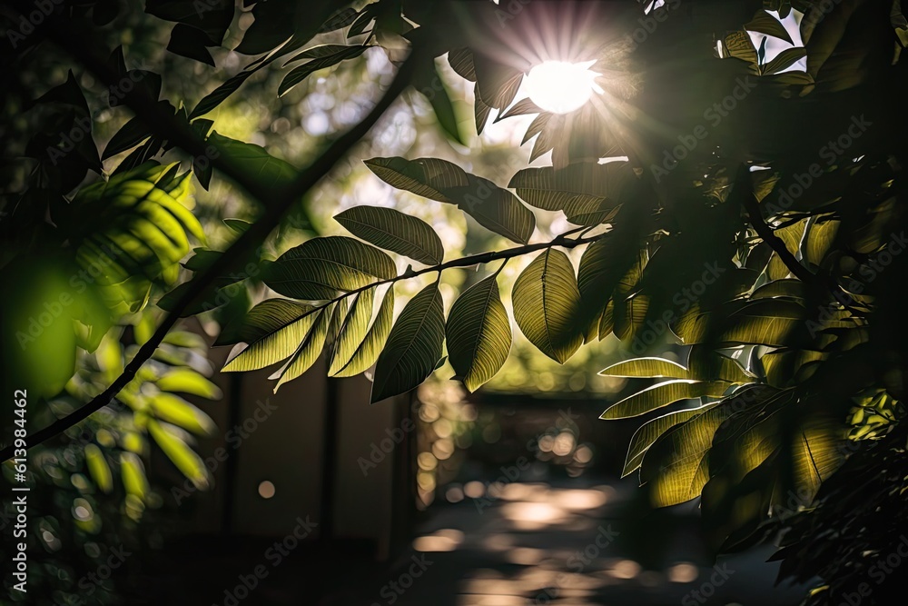 Sticker sun rays filtering through green foliage of a tree. generative ai