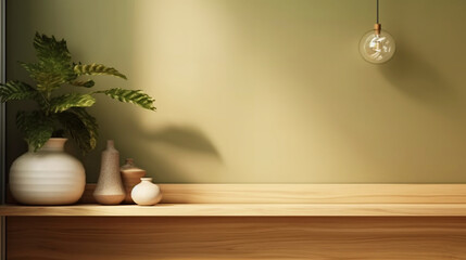 Pastel green wall panelling with wooden shelf and plant in kitchen room. Copy space. Generative AI