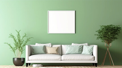  Living room interior in green pastel color. Empty wooden picture frame mockup. Copy space. Modern design. Generative AI
