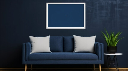 Living room interior in dark blue color. Empty wooden picture frame mockup. Copy space. Modern design. Generative AI