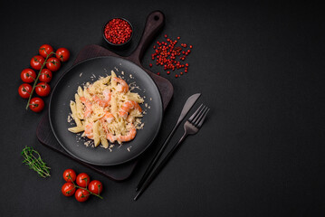Delicious fresh penna pasta with shrimp, sauce, cheese, salt and spices