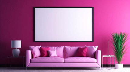 Living room interior in pink color. Empty wooden picture frame mockup. Copy space. Modern design. Generative AI