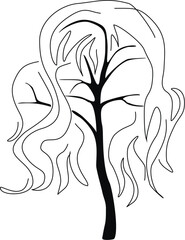 Abstract vector spring tree. Stylized vector hand-drawn tree. Beautiful tree with branches and leaves of female hairstyle. The concept of beauty is the nature of the soul. Tree female hairstyle vector
