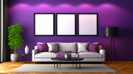 Living room interior in dark purple color. Empty wooden picture frames mockup. Copy space. Modern design. Generative AI
