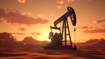 Crude oil pumpjack rig on the desert silhouette in evening sunset, industrial energy machine for petroleum gas production