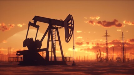 Crude oil pumpjack rig on the desert silhouette in evening sunset, industrial energy machine for petroleum gas production