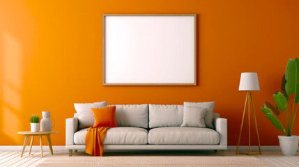 Living room interior in orange color. Empty wooden picture frame mockup. Copy space. Modern design. Generative AI