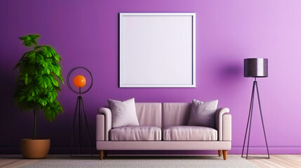 Living room interior in purple color. Empty wooden picture frame mockup. Copy space. Modern design. Generative AI
