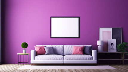 Living room interior in purple color. Empty wooden picture frame mockup. Copy space. Modern design. Generative AI