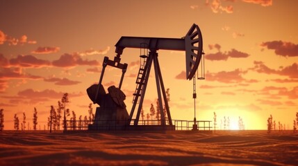 Crude oil pumpjack rig on the desert silhouette in evening sunset, industrial energy machine for petroleum gas production