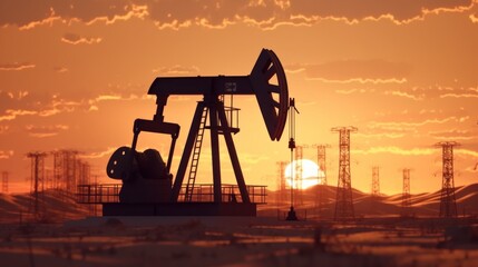 Crude oil pumpjack rig on the desert silhouette in evening sunset, industrial energy machine for petroleum gas production