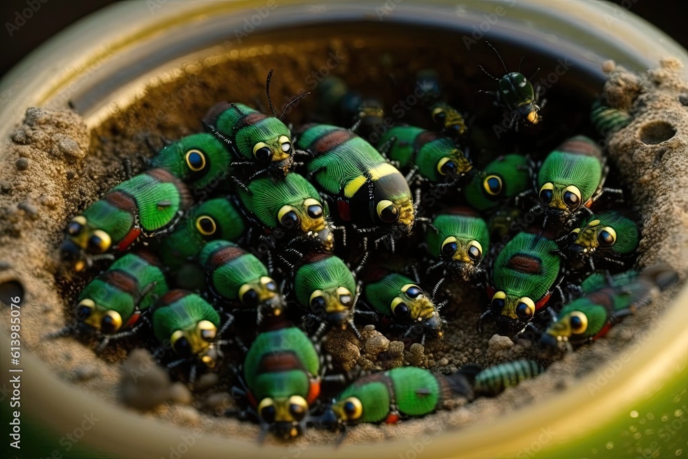 Poster group of bright green insects crawling inside a plant pot. Generative AI