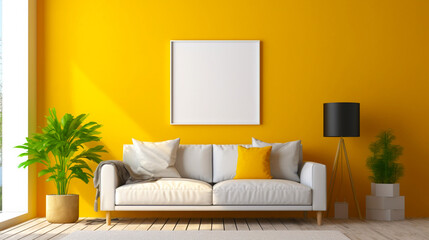 Living room interior in yellow color. Empty wooden picture frame mockup. Copy space.  Modern design. Generative AI