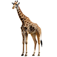 Standing african giraffe looking in camera cut out. Generative ai art - obrazy, fototapety, plakaty