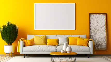 Living room interior in yellow color. Empty wooden picture frame mockup. Copy space.  Modern design. Generative AI