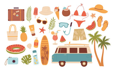 Cartoon car travel and beach accessories. Summertime elements vector illustration. Vacation items for sea weekend. Surfing, snorkeling, hippie van, ice cream, fruits, cocktails, bikini, camera, hat