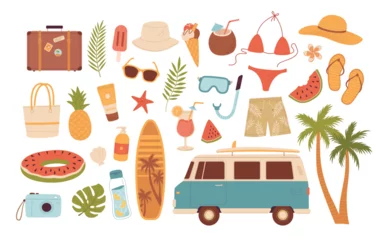 Foto op Canvas Cartoon car travel and beach accessories. Summertime elements vector illustration. Vacation items for sea weekend. Surfing, snorkeling, hippie van, ice cream, fruits, cocktails, bikini, camera, hat © Nadezhda Mih
