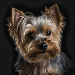 Studio shot with cute yorkshire terrier dog portrait with the curiosity and innocent look as concept of modern happy domestic pet in ravishing hyper realistic detail by Generative AI.