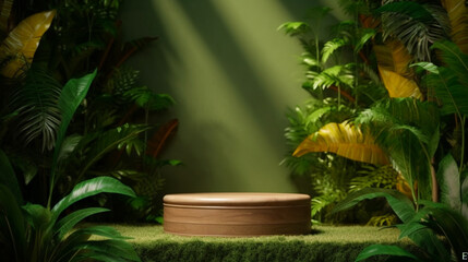 Wooden podium or stage for product presentation. Tropical forest background with green wall and leaf shadow. Copy space. Generative AI