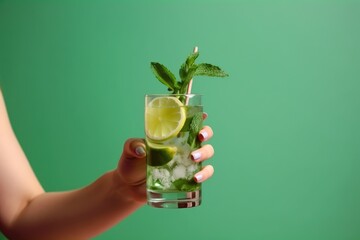 Mojito cocktail with lime, mint and ice on green background. Copy Space. Generative AI