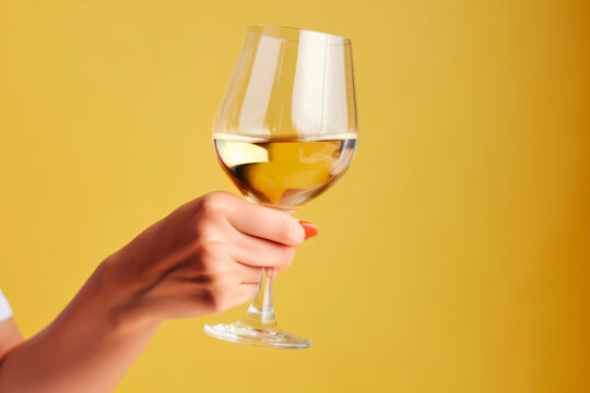Female hand holding a glass of white wine on a yellow background. Generative AI