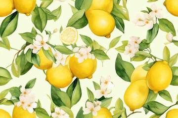 fresh seamless pattern  with collection limones, lemon blossoms and leaves in clipart watercolor design on bright yellow background
