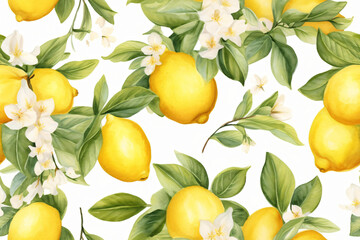 fresh seamless pattern  with collection limones, lemon blossoms and leaves in clipart watercolor design on white background
