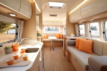 A close - up shot of a modern caravan interior, showcasing the well - appointed living space and functional amenities. Generative AI - obrazy, fototapety, plakaty
