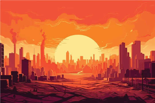 cartoon vector illustration of Searing urban horizon, Cityscape engulfed in red-hot atmospheric heat