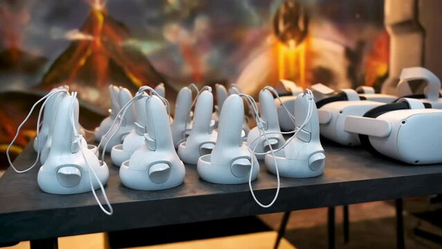 Close view of multiple white VR controllers and headsets on a table. Slow motion