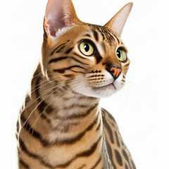 Adorable bengal cat portrait looking at camera on white isolated background as concept of domestic pet in ravishing hyper realistic detail by Generative AI.