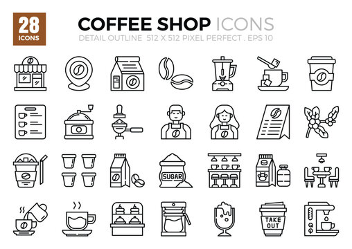 Icon packs of Coffee Shop (detail outline).
The collection includes icons of various aspects related to coffee shops, ranging from business and development to programming, web design, app design.