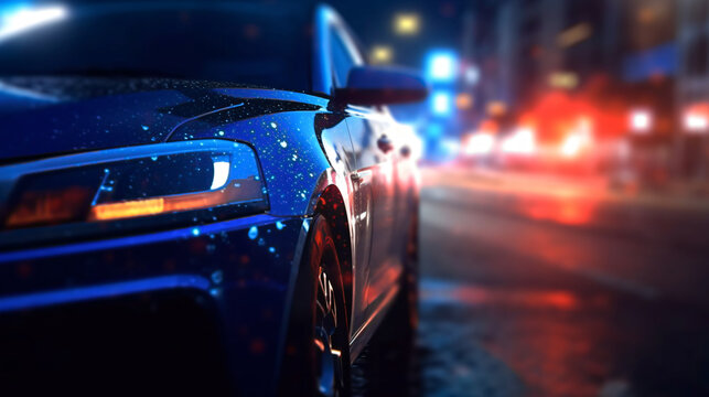 closeup of a police car lights switched on at a chase  in the night at the city