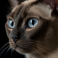 Studio shot with cute tonkinese cat portrait with the curiosity and innocent look as concept of modern happy domestic pet in ravishing hyper realistic detail by Generative AI.