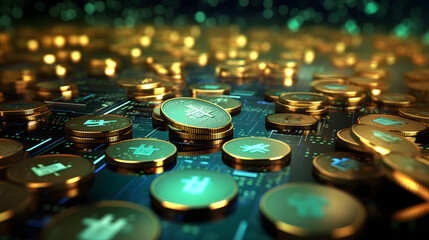 Stacks of cryptocurrency concept coins, on computer chip, processor, or motherboard. Technology and digital currency, blockchain transactions idea for business, finance and computers. Generative AI