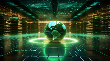 Glowing globe in center of high tech conceptual server room with green hue and circuitry on floor and ceiling. Renewable energy in technology. Generative AI