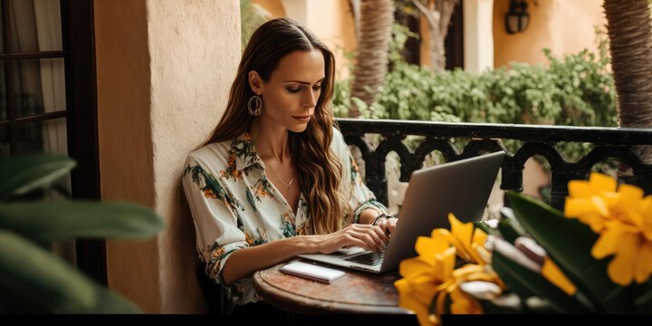 Business person using laptop computer in luxury hotel lobby candid view. superlative generative AI image.